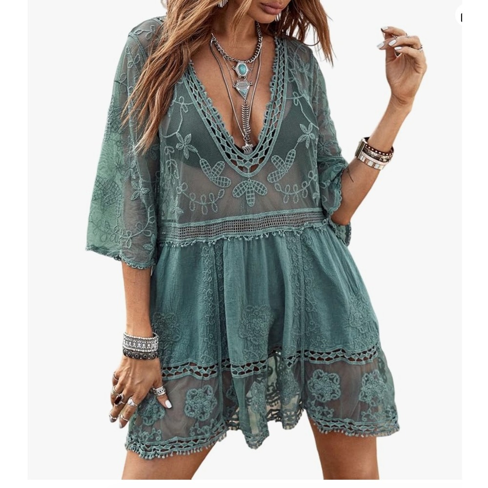 Floerns Teal Embroidered Lace Sheer Beach Cover Up Dress Boho One Size
